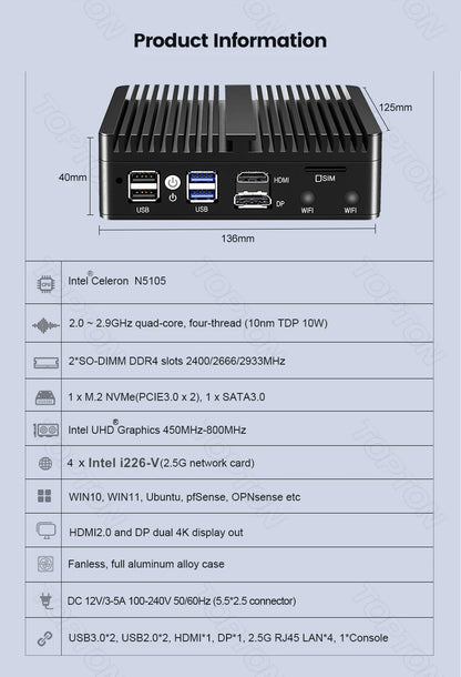 Topton New Intel N150 Firewall Computer J6412 J5005 6305 Soft Router 4x2.5G i226 LAN Industrial Fanless Mini PC pfSense OPNsense