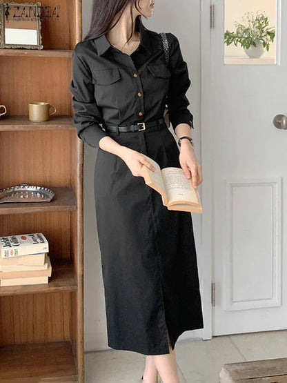 ZANZEA Women Lapel Long Sleeve Vestidos 2025 Spring Solid Work Dresses Casual Waisted No Belted Robe Office Lady Midi Spilt Robe