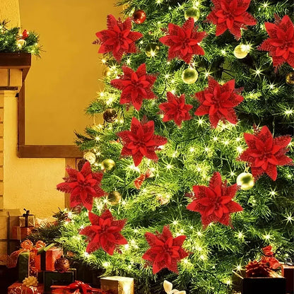 40PCS Artificial Glitter Christmas Flowers with Clips for Xmas Tree Ornament Fake Flower Floral New Year Party Home Decoration