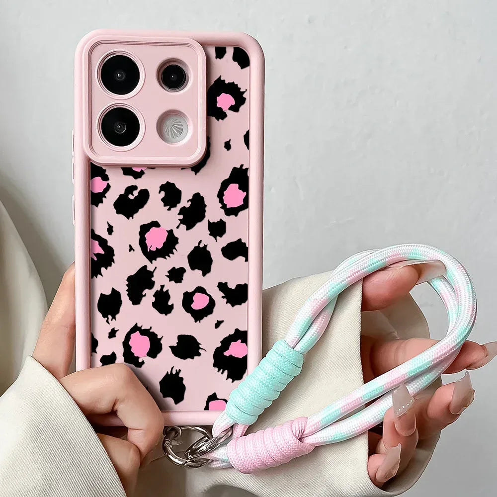 Phone Case For Xiaomi 14T 12T 13T 11T 15 14 12 13 Poco X6 X5 X3 F3 F5 Pro Lite Leopard Print Wrist Chain Lanyard Hang Strap Case