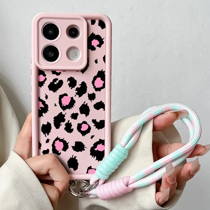 Phone Case For Xiaomi 14T 12T 13T 11T 15 14 12 13 Poco X6 X5 X3 F3 F5 Pro Lite Leopard Print Wrist Chain Lanyard Hang Strap Case