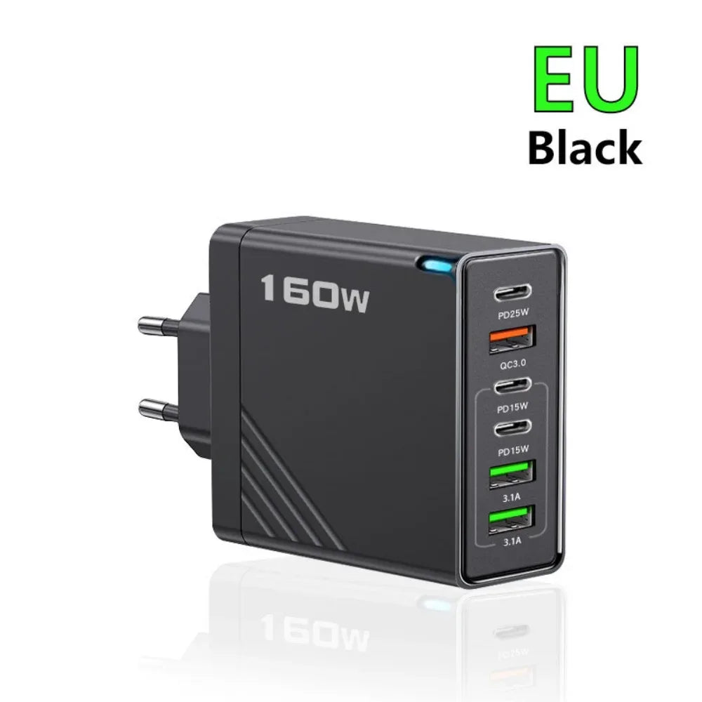 160W Fast Charge Phone Charger Adapter Multi Port USB Type C Charger For iPhone Samsung Xiaomi Huawei EU/US/UK Plug Wall Charger