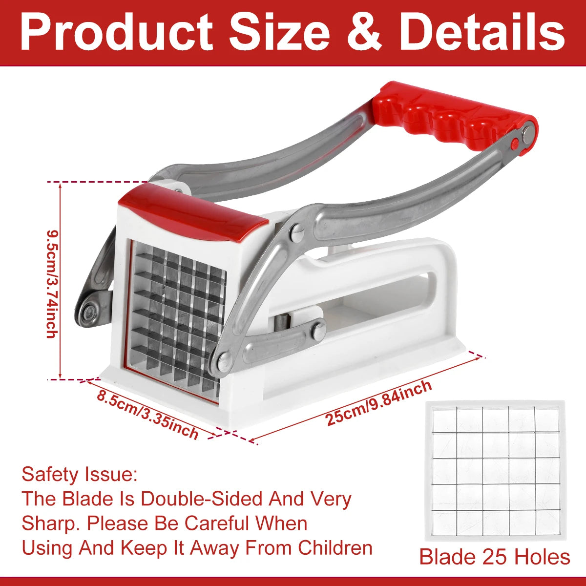 French Fry Cutter Stainless Steel Potato Chipper Fast Cutting Manual Food Slicer Kitchen Vegetable Cutter with 25/49Hole Blade