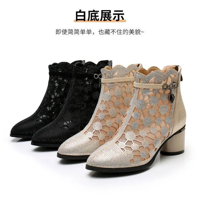 2025 Spring Summer Fashion Rhinestones Gauze Sandals Thick Heels Mesh Autumn Ankle Boots Female Hollow Women's Shoes