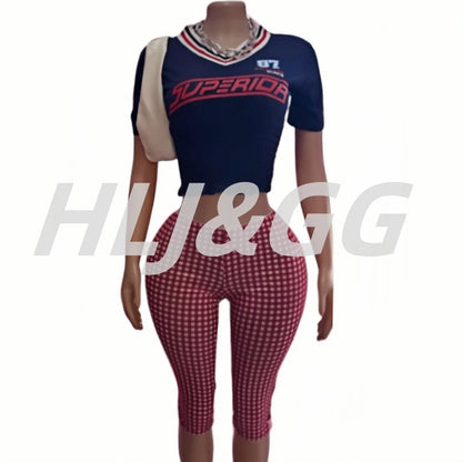 HLJ&GG White Knit Letter Fashion Y2K Outfits Women O Neck Sleeveless Slim Crop Top + Lace Plaid Shorts Two Piece Sets Streetwear