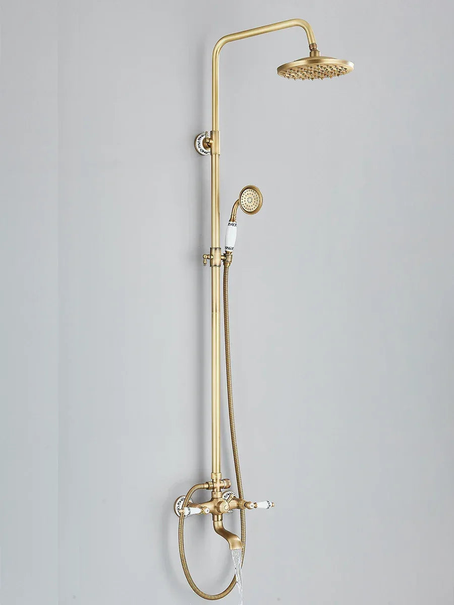 Retro Shower System Antique Brass Rainfall Shower With Handheld Shower Tub Spout For Bath Shower