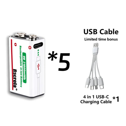 Rechargeable 9V Battery USB-C Charge,21800mWh Long-lasting 9V Li-Ion Battery with Free Cable,for Smoke Alarm,Camera,Clocks,Audio