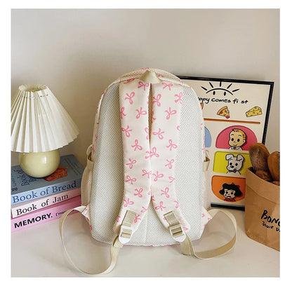 3 Pcs/Set Cute girl Large Capacity Backpack Bow Print Nylon Schoolbag Adjustable Strap Women daily Campus Backpack