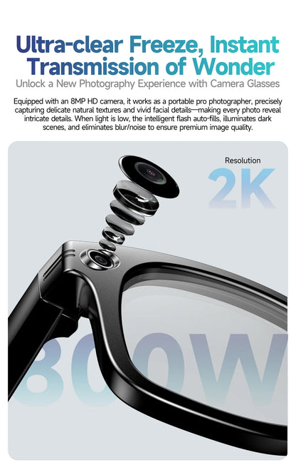 Lunettes intelligentes 8 mégapixels, enregistrement vidéo, reconnaissance photo IA, traduction des réponses, batterie 270 mAh, étanche IP65, Bluetooth