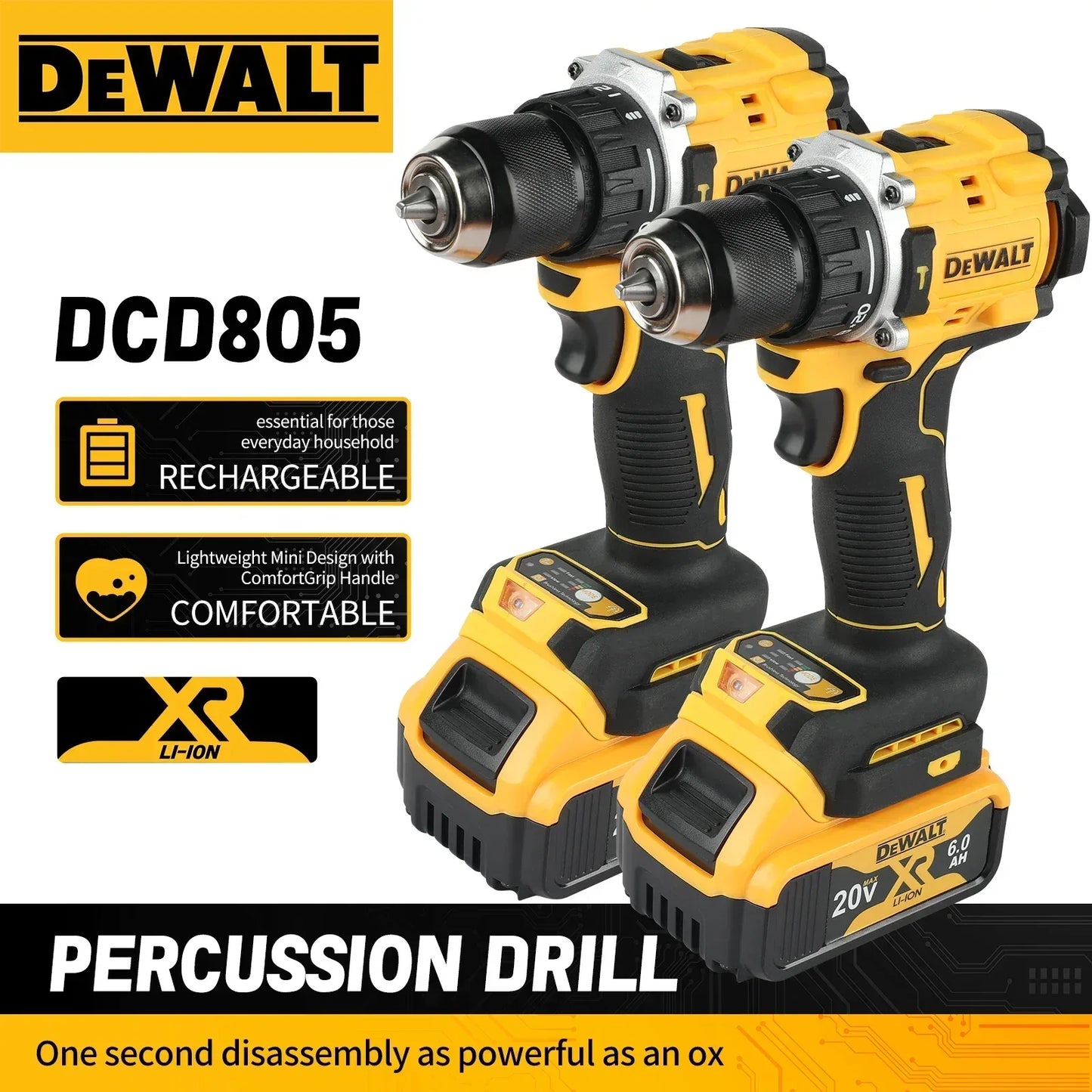 DeWalt DCD805 20V Screwdriver Clave Without Brushes, Compact Drill Tools Driver Battery Impact Wrench, Power Tool Cordless drill