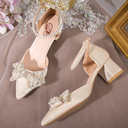 Maogu 2023 Pearl Bowtie Ankle Strap High Heels Shoes Woman Beige Red Bling Crystal Wedding Shoes Elegant Med Heels Women's Pumps