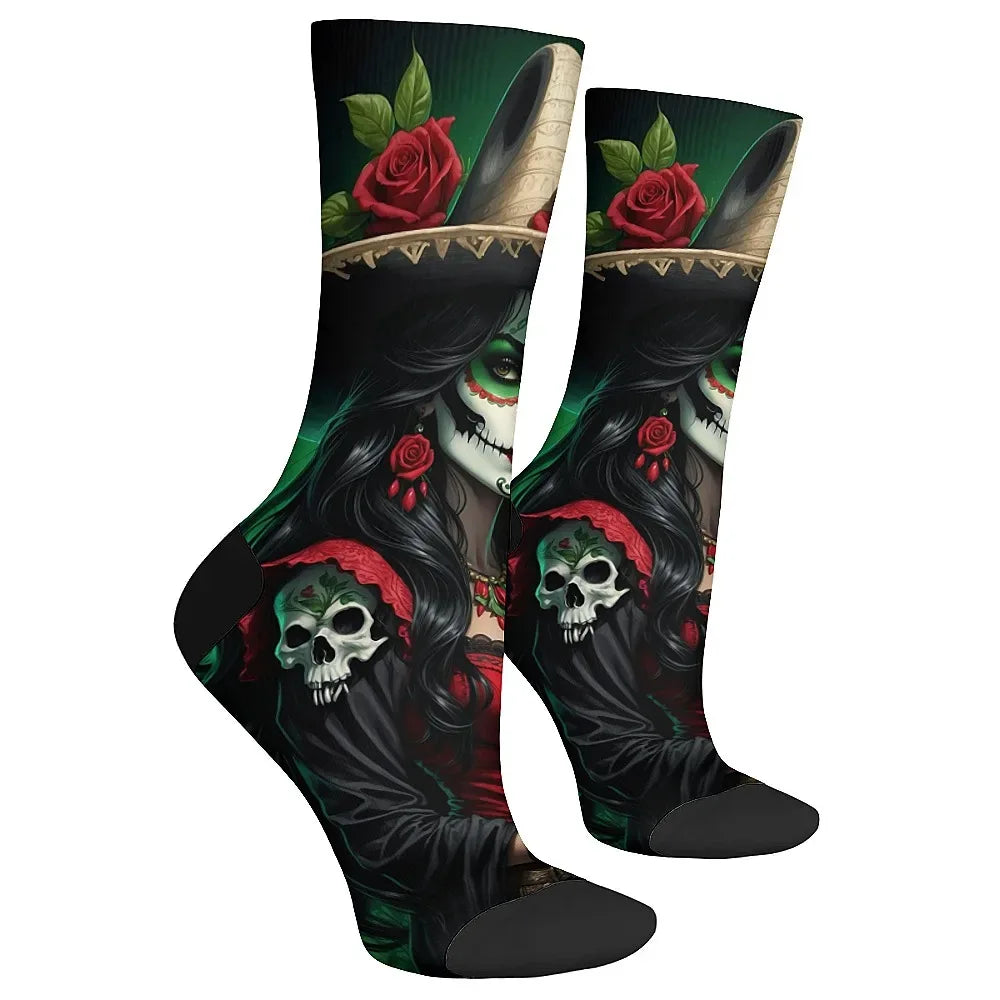 Mens Art Day of the Dead Themed Socks Mexican Grim Reaper Vintage Floral Design Soft Breathable Crew Socks Novelty Holiday Gift