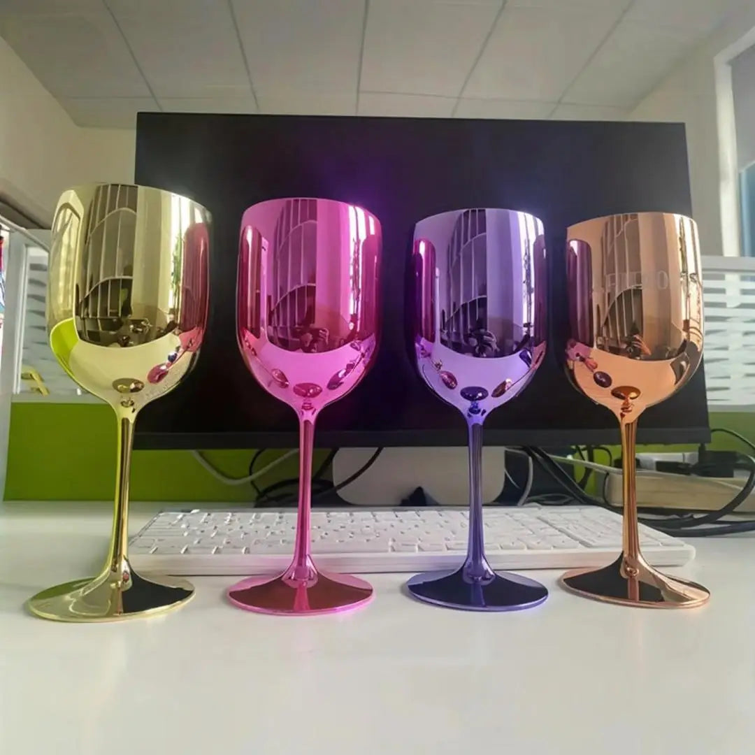 4pcs 480ml Plating Electroplated Shiny 16Oz Plastic Red Wine Glasses Plastic Champagne Flutes Cup Goblet For Party Wedding