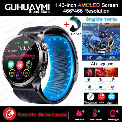 New Blood pressure Non-invasive Health Monitor Airbag Sports Smart Watches ECG+PPG Precise 1.43-inch AMOLED Calls Smartwatch NFC