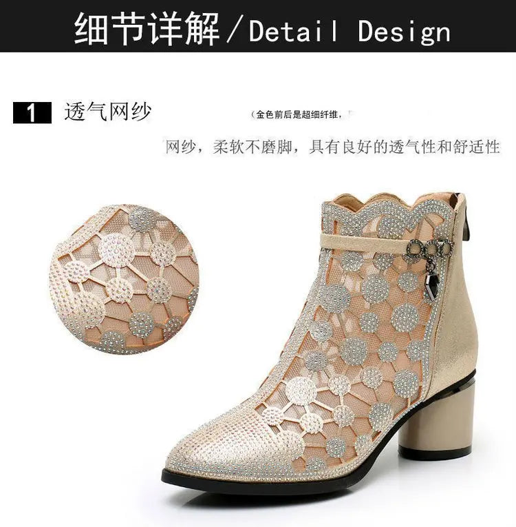 2025 Spring Summer Fashion Rhinestones Gauze Sandals Thick Heels Mesh Autumn Ankle Boots Female Hollow Women's Shoes