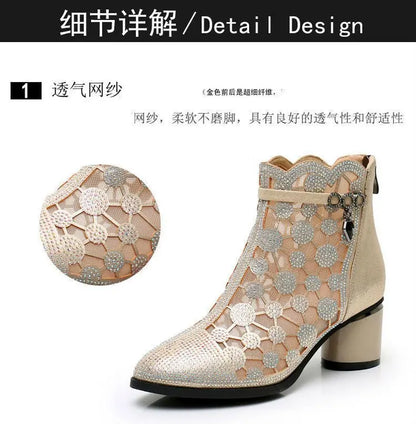 2025 Spring Summer Fashion Rhinestones Gauze Sandals Thick Heels Mesh Autumn Ankle Boots Female Hollow Women's Shoes