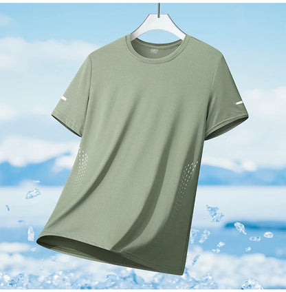 Summer Mesh Sports T-Shirt Men Quick-Drying Breathable Loose Ice Silk Short Sleeves Men Jogging Hiking Round Neck Sports T-shirt