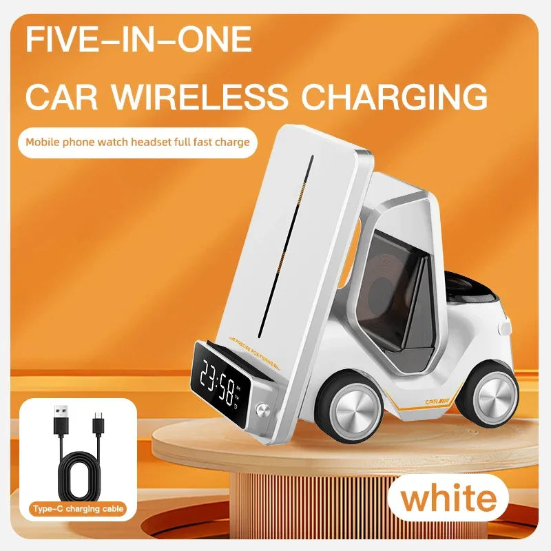 Wireless Charger 4 in 1 Forklift Design Fast Charging Dock with Alarm Clock Time For iPhone/iWatch/AirPods Pro