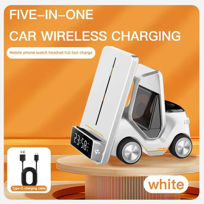 Wireless Charger 4 in 1 Forklift Design Fast Charging Dock with Alarm Clock Time For iPhone/iWatch/AirPods Pro