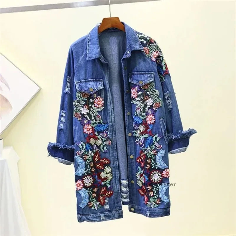 Spring Autumn Loose Vintage Flower Embroidered Denim Jacket Women Single-breasted Casual Raw Fringe Hole Jeans Jackets Female