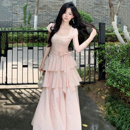 Pink Square Collar Korean Style Long Dress Women Japan Style Sweet Elegant Fairy Dress Female Fashion Summer Casual Party Dress