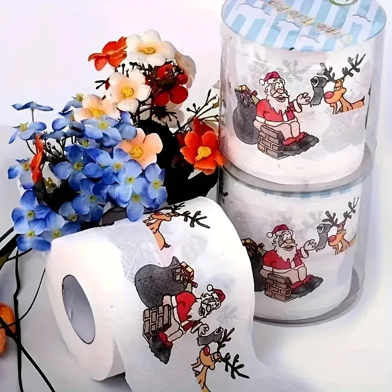 1Roll Santa and Reindeer Pattern Toilet Paper Roll - 3.94 "x 3.94" for Christmas and New Year home decor, party supplies
