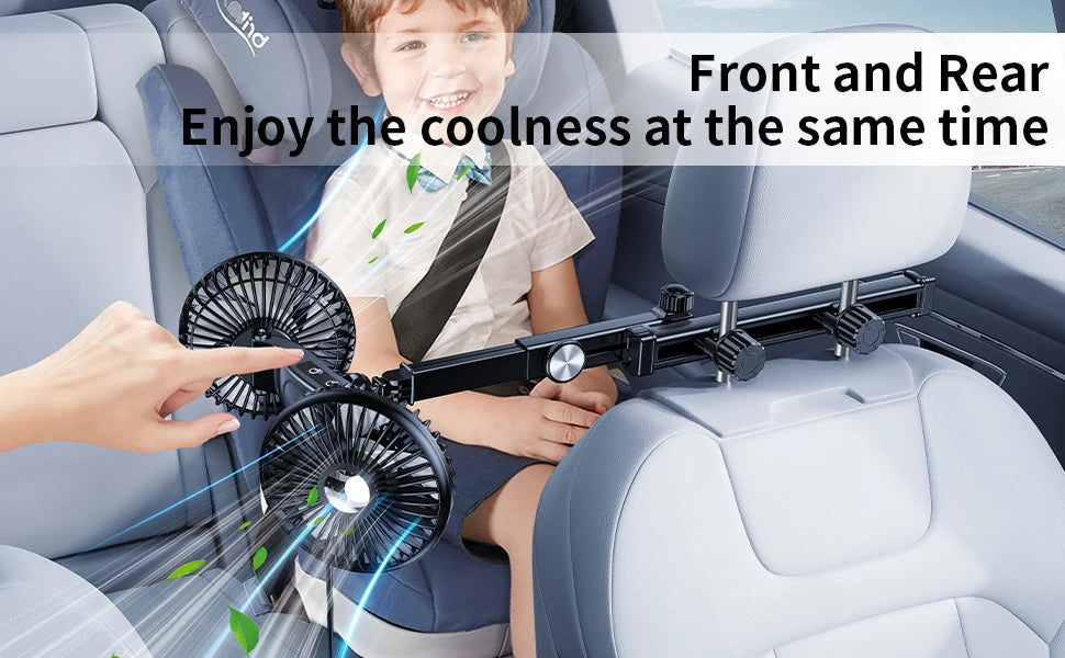 Eary Car Dual Head Fan Mount Back Seat With 3 Wind Speeds 360 Multi-Angle Adjustable Summer Air Cooling Fan With 2 Hidden Hooks