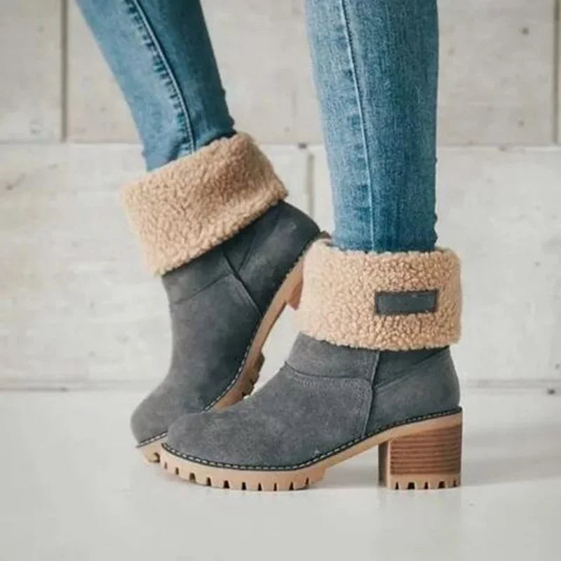 Warm Fleece Lined Mid-Calf Snow Boots Women's Velvet Booties Matte Finish Booties Two-Way Wear Low Heel round Toe Winter Boots