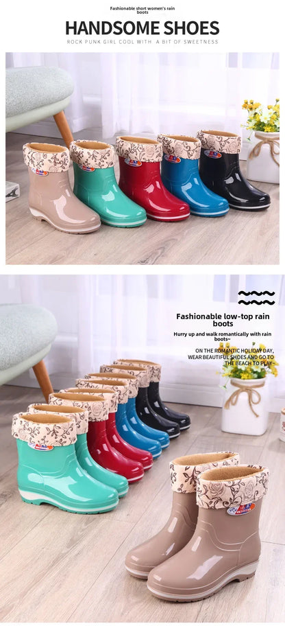 Women's Short Rain Shoes Non-slip Waterproof Rubber Boots Durable Wear-resistant Rain Boots Fleece Lined Warm Shoes Wholesale