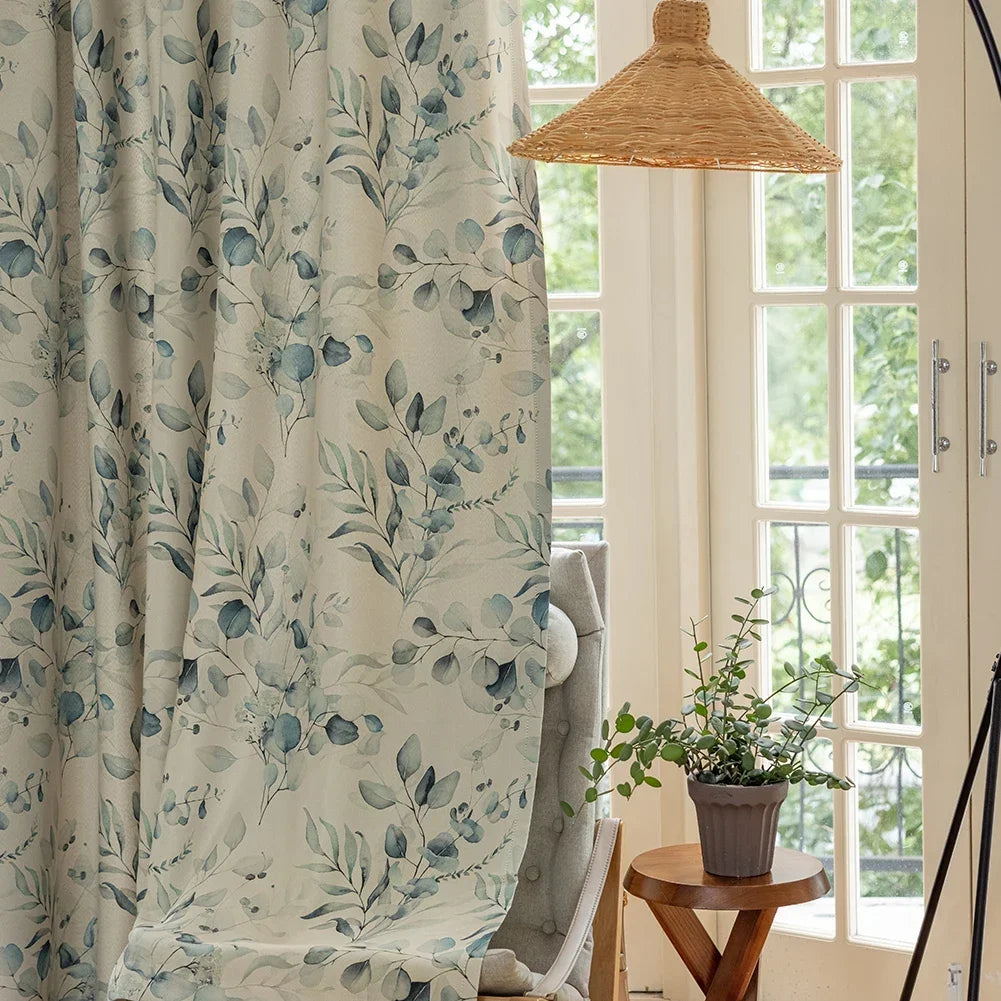 LEEJOOM Green Leaves Printed Blackout Curtain Window Blinds for Living Room Bedroom French Window 1PC