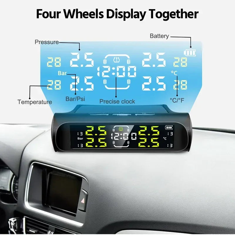Wireless Solar Charging TPMS Real-time Monitoring with Electronic Clock Display 4 Sensors Tire Pressure Monitoring System