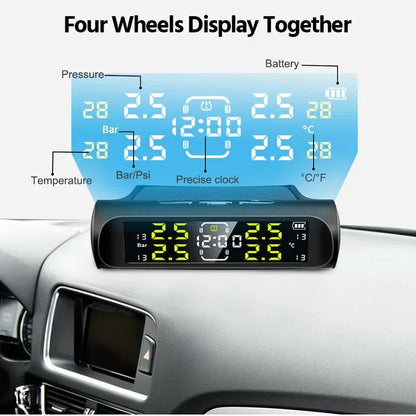 Wireless Solar Charging TPMS Real-time Monitoring with Electronic Clock Display 4 Sensors Tire Pressure Monitoring System