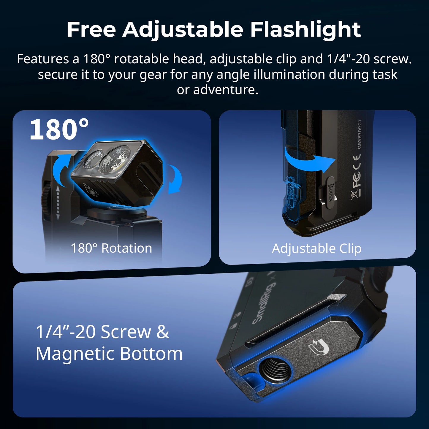 SmallRig Thumb EDC Flashlight Ultra-Compact 5-in-1 Flashlight with Rotatable Light Head Magnetic Base, Back Clip, 1/4"-20 Holes