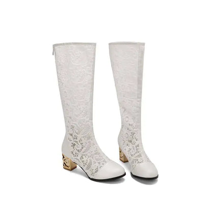 Spring and Autumn New Style Fashion square Heel Mesh Hollow Women's Boots Sweet Breathable knee high boots high 5.5cm size 34-47