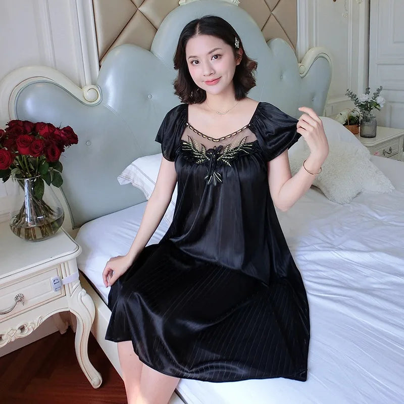 Women's Nightdress Loungewear Ladies Ice Silk Nightgowns Sleeping Dress Medium Length Short Sleeve Home Wear Pyjama Sleepwear