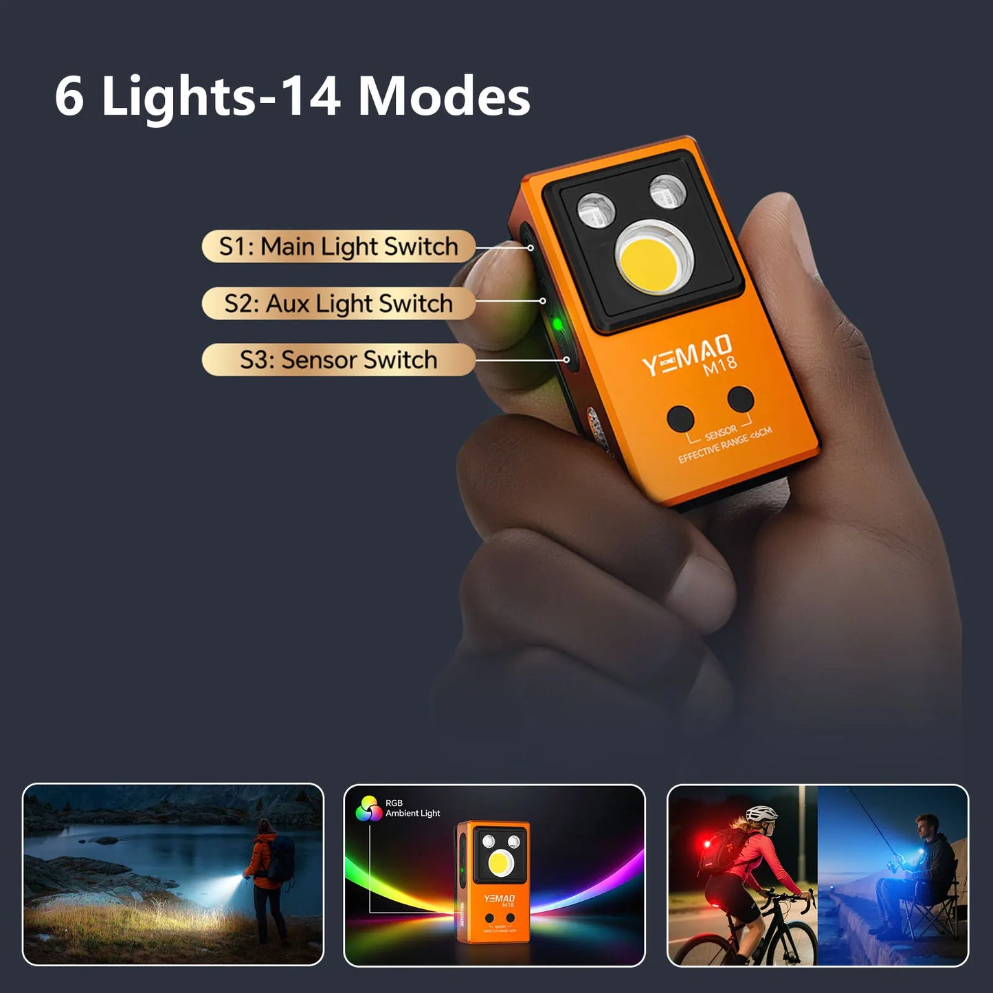 YEMAO M18 270LM Clip Pocket Flashlight 7 Color RGB Built-in 500mAh Battery Rechargeable 6 Light EDC Magnetic Sensor Lamp UVLight