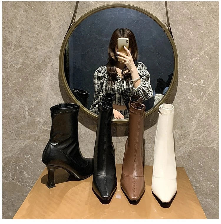 Women High Heel Short Leather Boots  New Boots Female Pointed Thin Heel Boots Ladies Ankle Short Boots Botas De Mujer 2024
