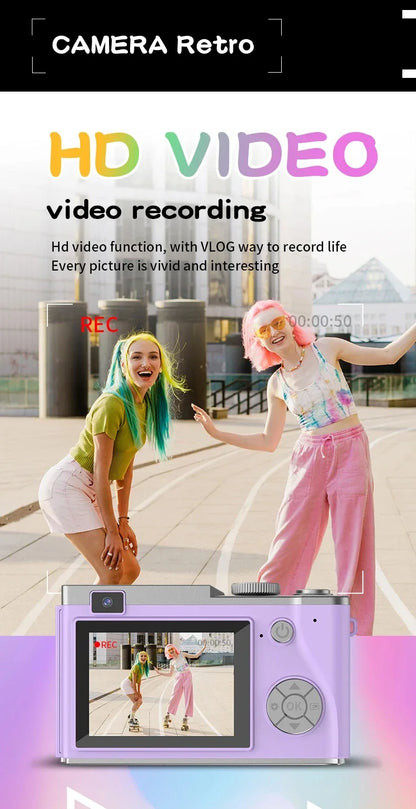 Digital Camera 4K HD Kid Camera 48MP Autofocus Vlogging Camera 2.4 Inch Retro Fashion Portable Video Camcorder for Beginners