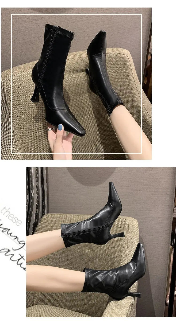 Women High Heel Short Leather Boots  New Boots Female Pointed Thin Heel Boots Ladies Ankle Short Boots Botas De Mujer 2024