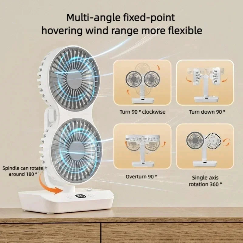 2024 New Multi-Function Double-Head Shaking Fan 4-Gears Adjustable High-Definition Digital Display Night Lights Portable Fan