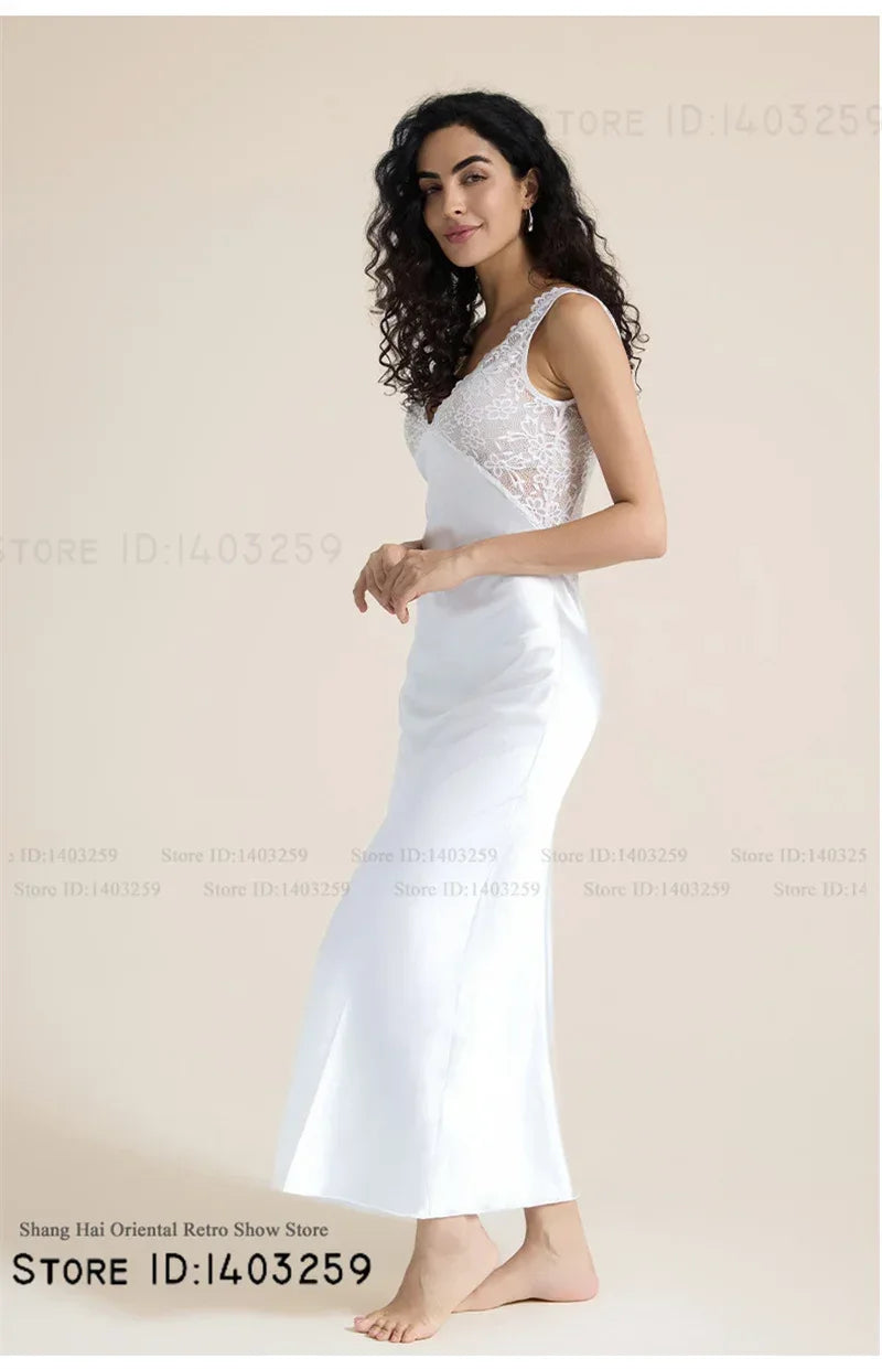 Elegant Female Long Nightgown Sleepwear Sexy Patchwork Lace Backless Nightdress Lingerie Summer New Silk Satin Homewear Nighty