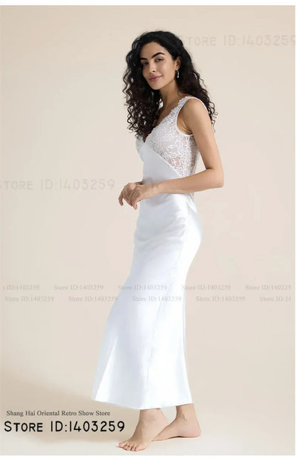 Elegant Female Long Nightgown Sleepwear Sexy Patchwork Lace Backless Nightdress Lingerie Summer New Silk Satin Homewear Nighty