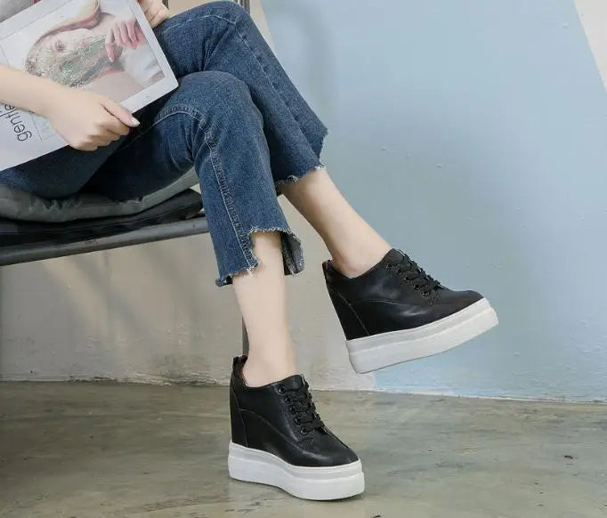 Genuine leather 10cm Increase Flat Platform Shoes Female Thick Sole Students Casual Shoes Woman  Lace Up Solid   Women Shoes