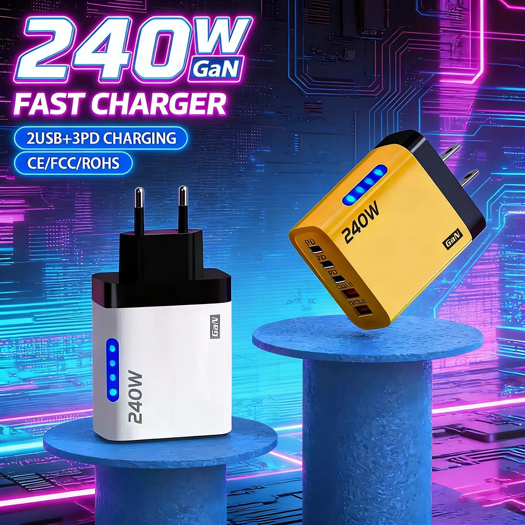 240W GaN Fast Charger 3 USB-C 2 USB-A Ports PD QC3.0 for iPhone 17 16 Galaxy S25 S24 Xiaomi 16 15 Huawei Mate 70 60 Oppo Vivo