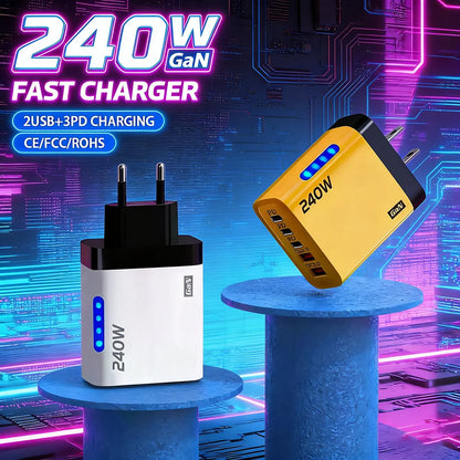 240W GaN Fast Charger 3 USB-C 2 USB-A Ports PD QC3.0 for iPhone 17 16 Galaxy S25 S24 Xiaomi 16 15 Huawei Mate 70 60 Oppo Vivo
