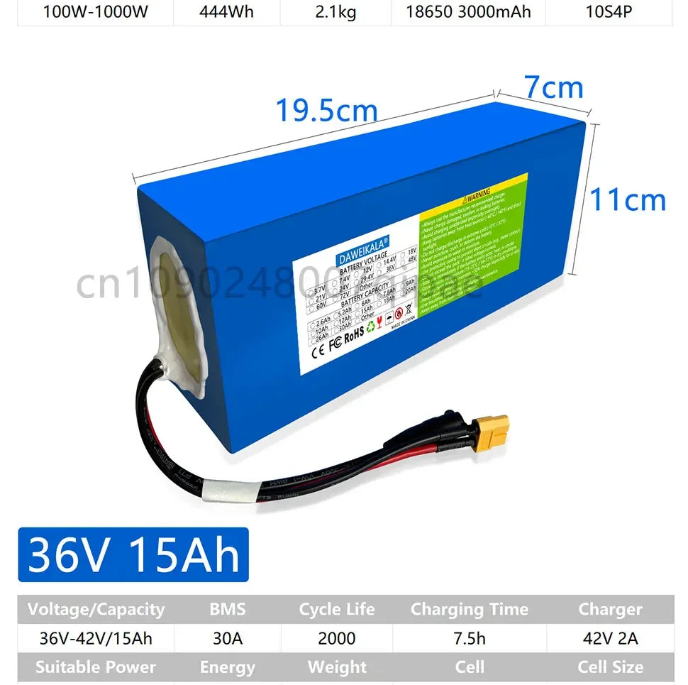 36V 18AH 15AH 12AH 9AH Rechargeable Lithium Battery Pack 100-1300W Electric Motorcycle Scooter Bicycle with BMS Battery Pack