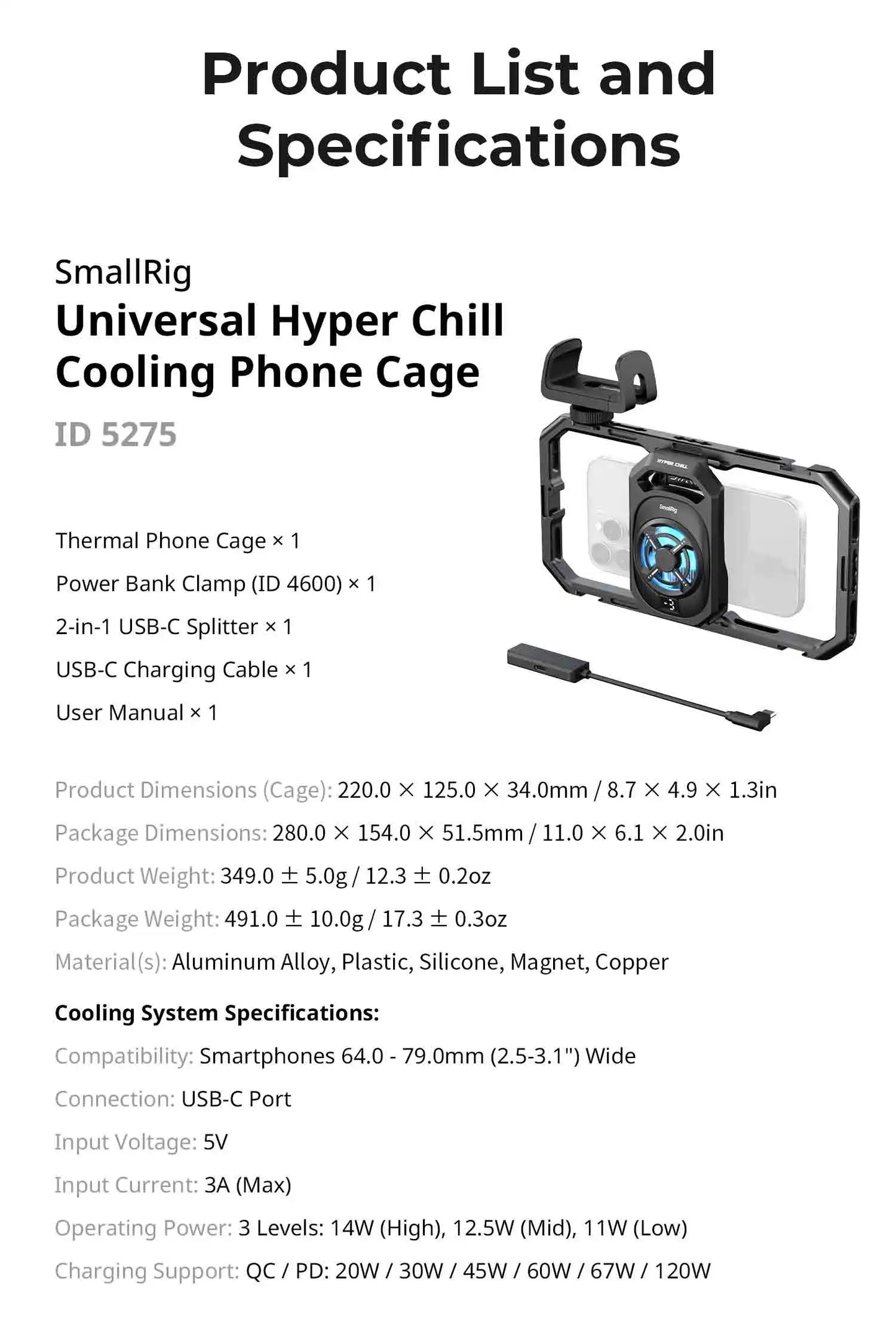 SmallRig Universal Cooling Mobile Phone Cage for iPhone 17 16/Android Smartphones w 2-in-1 USB-C Audio Adapter Power Bank Holder