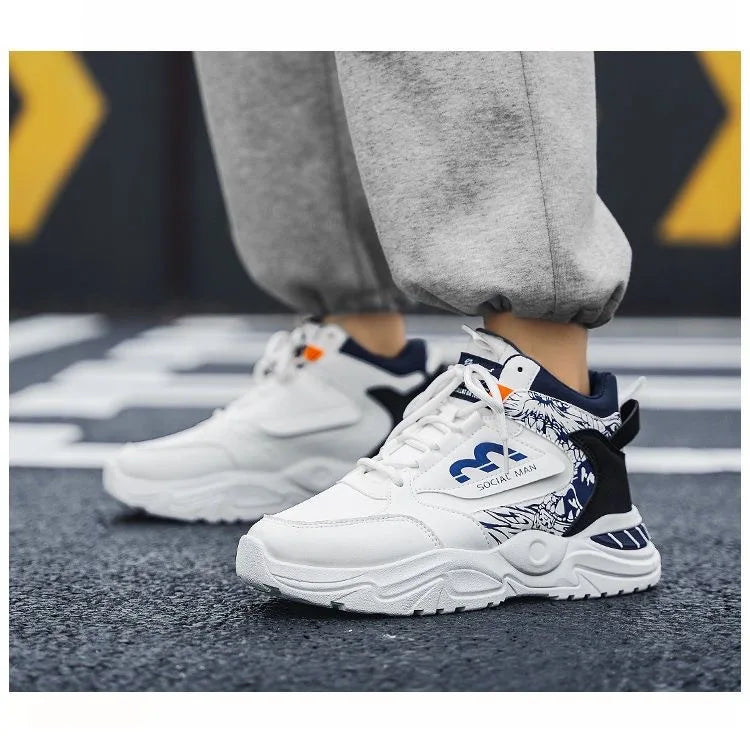 Men's Spring Breathable High Top White Sports Shoes Trendy All-Match Thick Sole Leisure Dad Sneakers