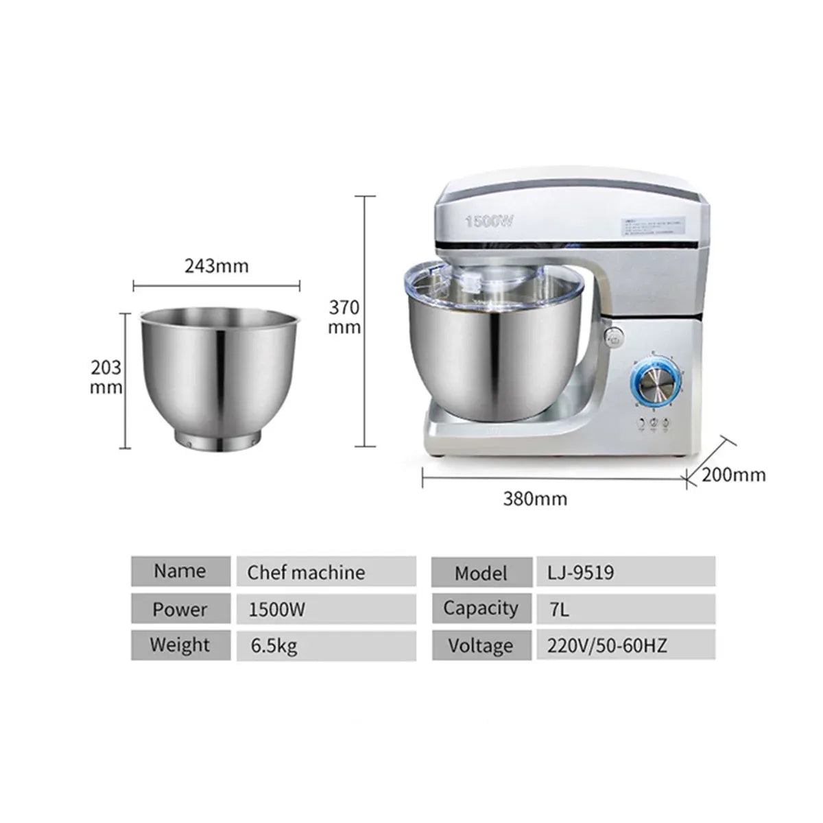 HPH2O 7L Electric Kitchen Mixer Machine 1500w Stand Mixer Dough Mixer Blender Mixer Planetary Home Appliance