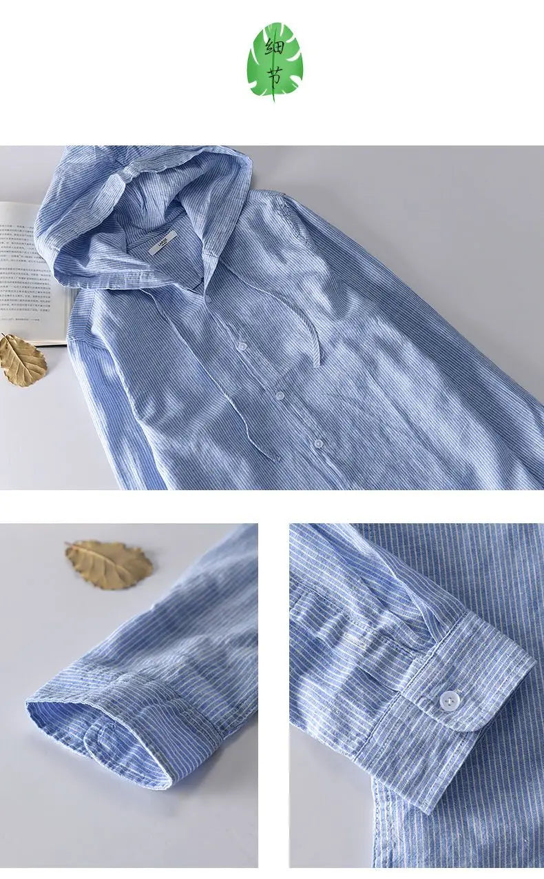 Spring Summer New Hooded Long-sleeved Solid Inen Shirt Trendy Men's Thin Loose Youth Fashionable Cotton Linen Sunscreen Shirt